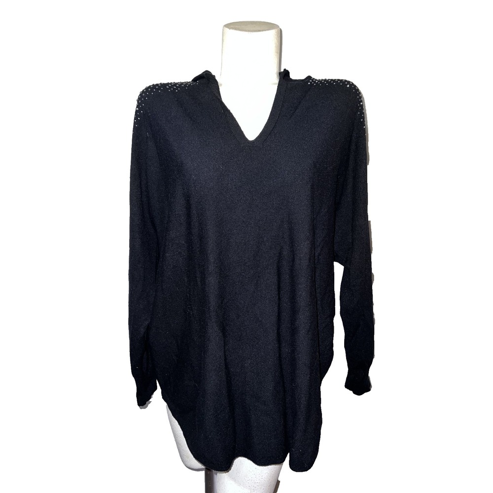LIV Black V-Neck Hooded Sweater Studded Shoulder Sleeve Detail Women Size 1X
